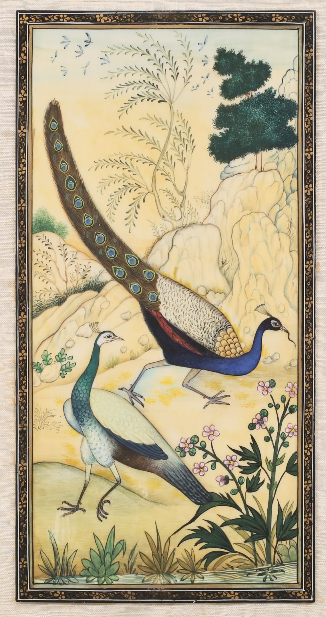 Painting Style Of Ustad Mansur Peacocks Persian: Persian painting on bone in the style of Ustad Mansur. Bone sheet is wavy. Sight size 7" x 3 1/2". Over all 12 3/4" x 9". Provenance: Seitz Family, Hartshorne House, NJ.