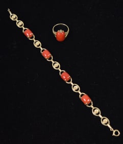 14k Gold & Coral Bracelet & Ring Set