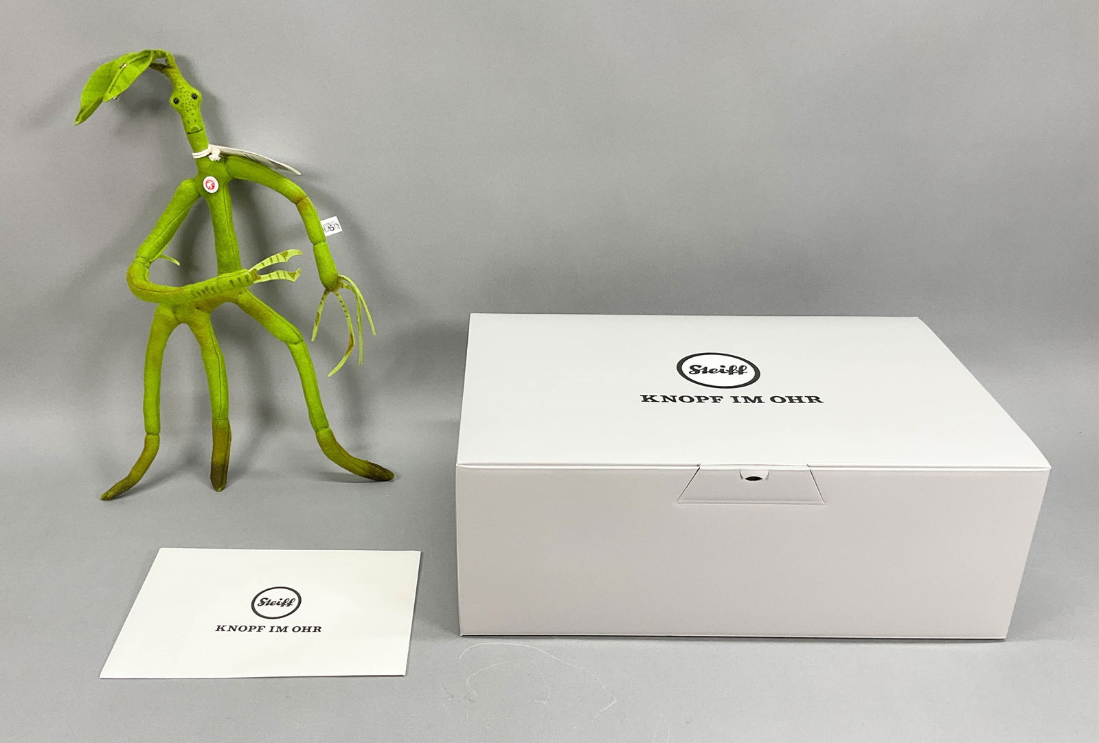 Steiff Fantastic Beasts Bowtruckle: Vintage Steiff Fantastic Beats stuffed figure, Bowtruckle. With ear tag, ear button, paper tags, certificate and original box and outer box. Numbered 443 from the limited edition of 1500. 17"H.