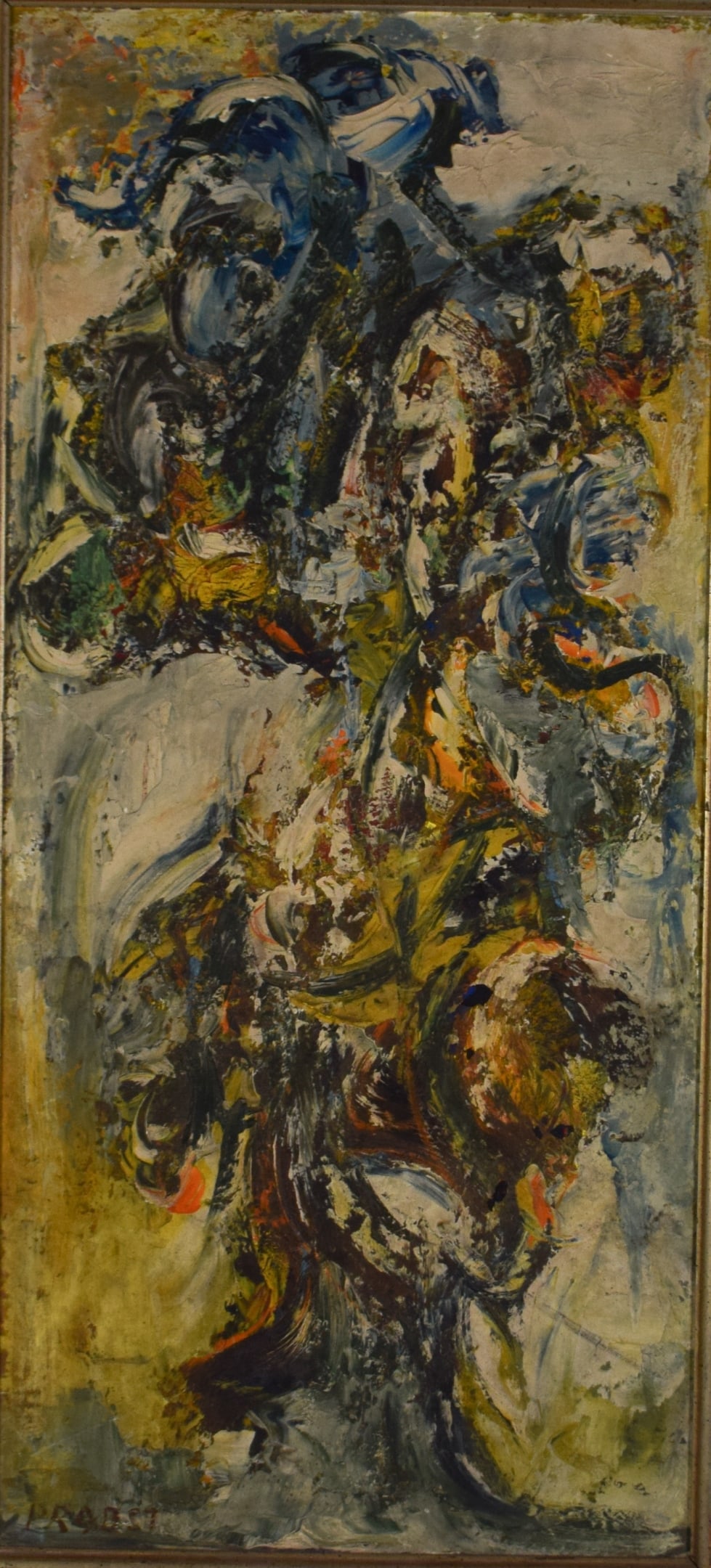 Joachim Probst Oil on Board Floral: Joachim Probst (American, 1913-1980). Abstract oil on board, Floral. Signed Probst lower left and signed, titled and dated 1956 on verso. 24 1/2" x 11" (with frame 26 1/2" x 13 1/4"). Scratches and lo