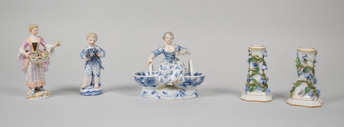 5 Pieces Meissen Porcelain Figurines, Candlesticks