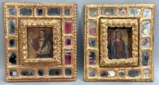 Pair Spanish Colonial School Oil on Canvas Retablo