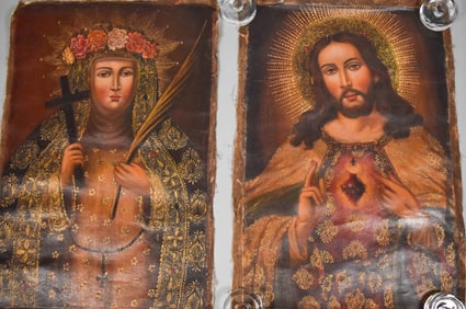 Pair of Cuzco School Oils on Canvas Jesus & Mary