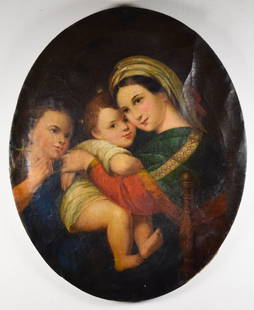 After Raphael Oil on Canvas Madonna della Seggiola: After Raphael (Raffaello Sanzio da Urbino) (Italian, 1483-1520). Oil on canvas, after Raphael's Madonna della Seggiola. Unsigned. 27" x 21 3/4". Crazing throughout, losses to canvas along edges, marks