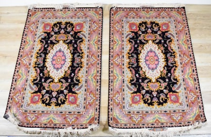 Pair Persian Silk Rugs Signed