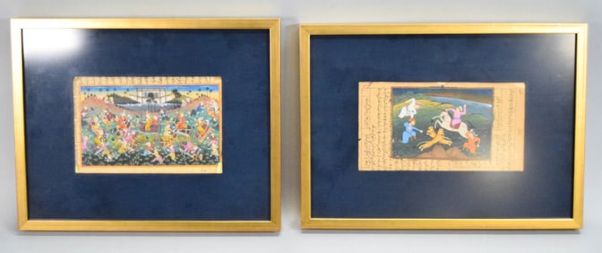 2 Indo Persian Paintings Battle Scene & Hunt Scene