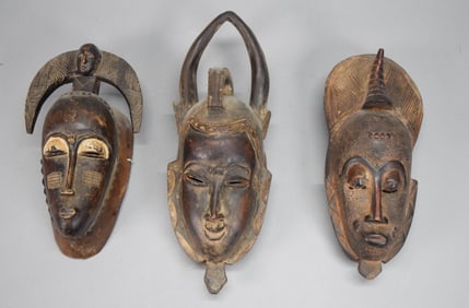 3 African Wooden Masks Yaure & Baule Cote d'Ivoire