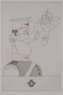 Saul Steinberg Etching Gogol V: Saul Steinberg (American, 1914-1999). Colored etching / embossing, Gogol V. Pencil signed lower right and numbered 17/50 in pencil lower left. With Pace Editions Inc., New York label with title and in