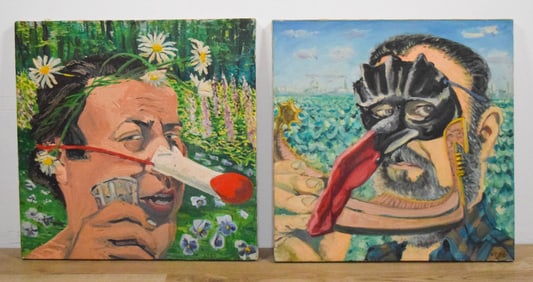 2 Charles Parness Oils on Canvas Masks