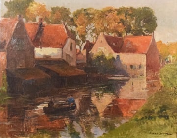 German Grobe Oil on Canvas Village Landscape