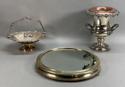 3 Pieces Silverplate Wine Cooler, Basket, Plateau