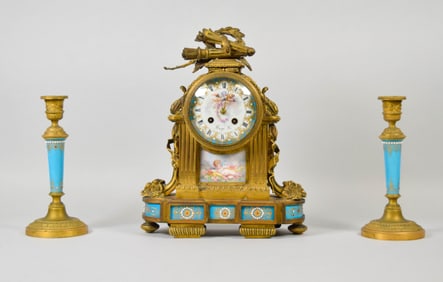Raingo Freres Gilt Bronze Sevres Style Clock Set
