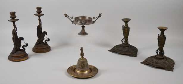 6 Piece Decorative Metal Lot Candlesticks, Compote