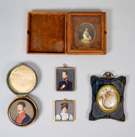 5 Portrait Miniatures, Hairwork, Mourning Pendant