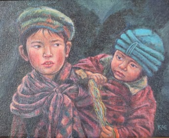Signed Kae Oil on Canvas Two Boys