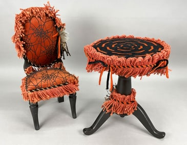 2 Halloween Wooden Doll Chair & Table Orange Black