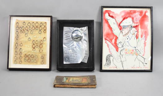 4 Piece Art Lot Mixed Media, Peter Dean Drawing: 4 piece contemporary art lot. Mixed media with fabric, metal and sequins, unsigned, 10 1/2" x 7 1/2" (with frame 12 1/2" x 10"); Peter Dean mixed media drawing with watercolor, I Want Yoo, pencil and
