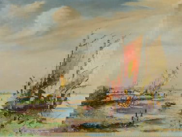 Oil on Canvas Boats in Harbor Scene