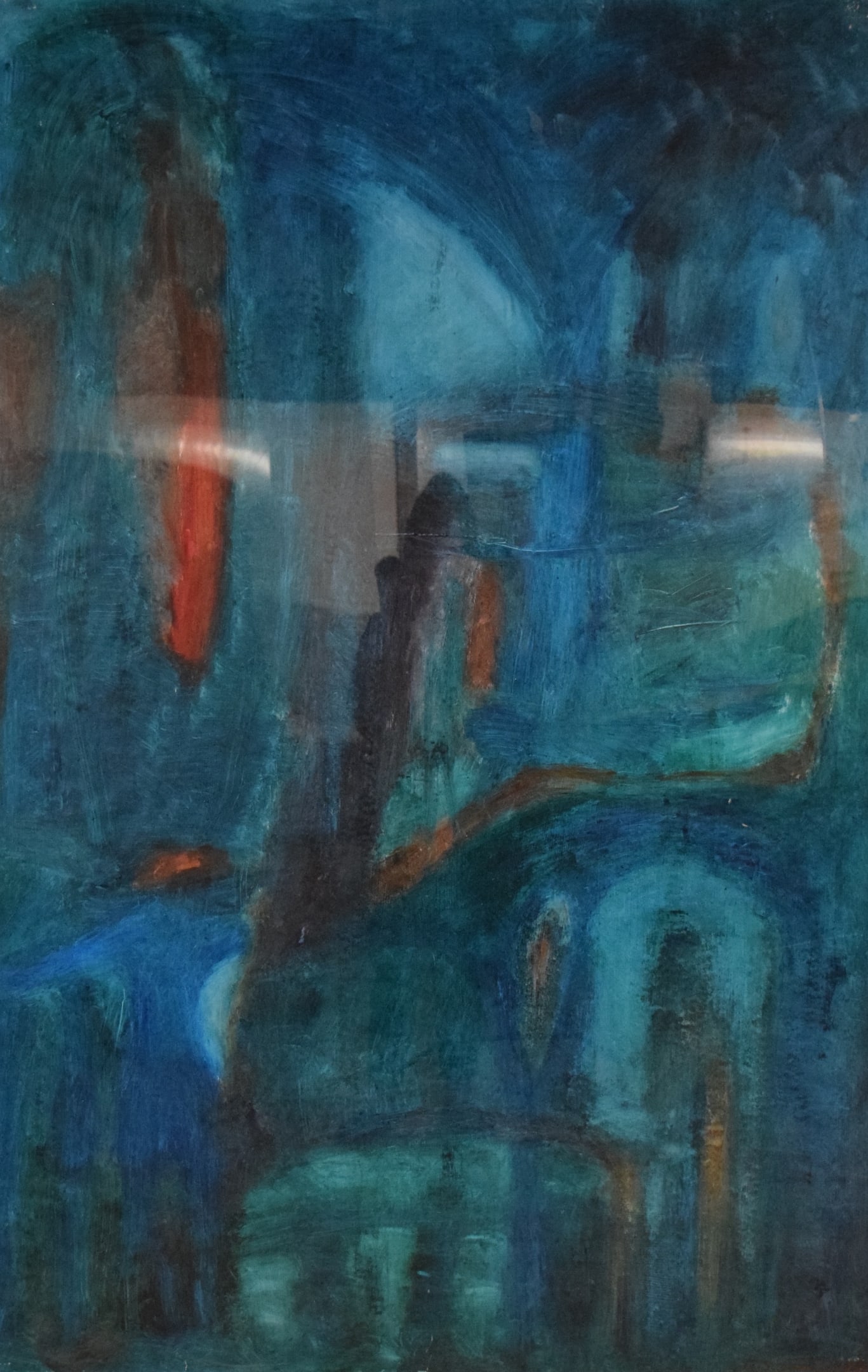 Emma Lawton Acrylic on Paper Abstract: Emma J. Lawton (20th century). Acrylic on paper, abstract. Signed EJ Lawton and dated 88 lower right. 61 1/2" x 40 3/4" (with frame 62" x 41"). Pinholes and paint loss to corners and along edges; fram