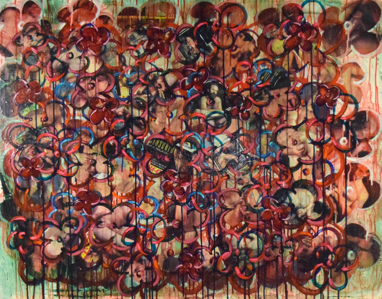Mark Mulholland Mixed Media on Wood Panel Smuttie: Mark Mulholland (20th century). Mixed media with collage on wood panel, Smuttie Pics #2. Signed, titled and dated 2002 on verso. 36" x 46". Chip upper left.From the estate of Egizio Panetti, art colle
