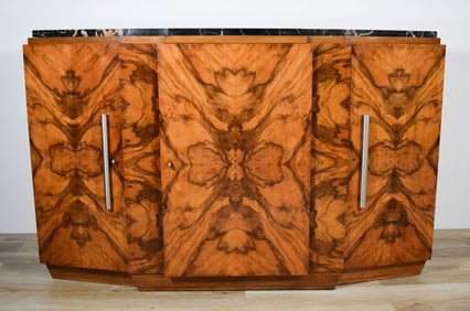 French Art Deco Burl Wood Marble Top Sideboard
