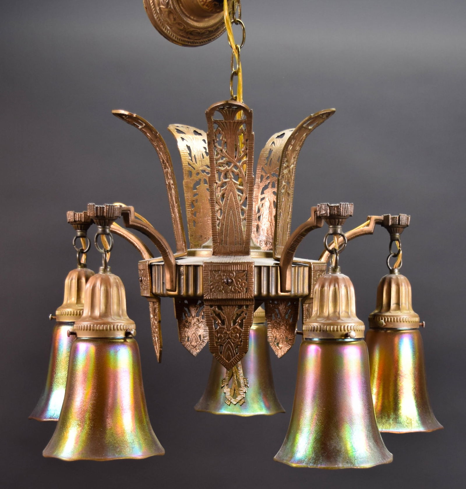 Art Deco Five Light Chandelier Iridescent Shades (1 of 11)