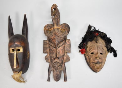 3 West African Masks Bamana, Senufo, Igbo