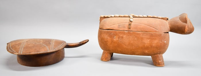 2 African Wood Carvings Yoruba Box & Senufo Stool
