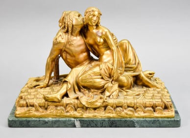 Signed JM Pollet Gilt Bronze Couple on Raft