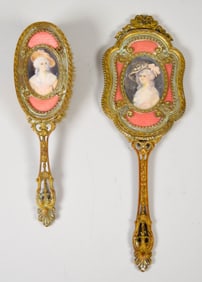 2 Piece Gilt Metal Dresser Set With Portraits