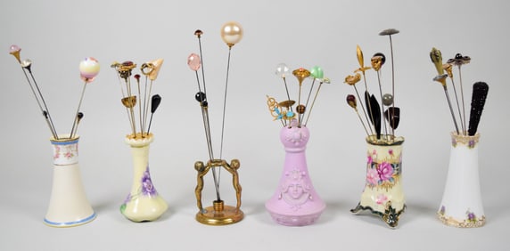 43 Vintage Hatpins With Porcelain & Brass Holders