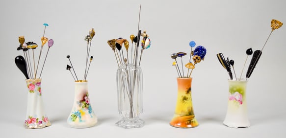 40 Vintage Hatpins With Porcelain & Glass Holders