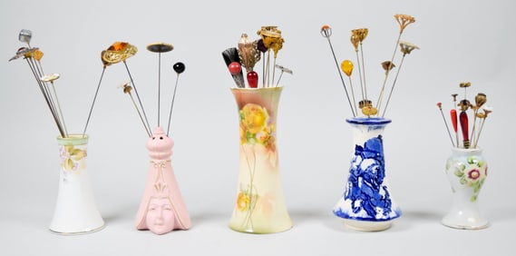 39 Vintage Hatpins With Porcelain Holders