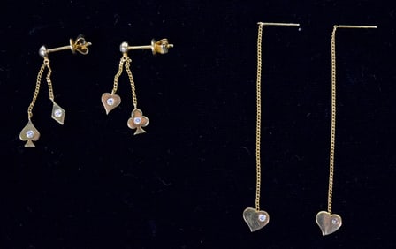 2 Pairs 14k Gold & Diamond Playing Card Earrings