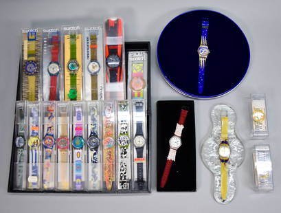 20 Vintage Swatch Watches, JFK, Artist, Dots: Lot of 20 vintage Swatch watches. Amneris, Lots of Dots #2, Kamasutra, Crash, Sari, Jelly Fish, Cpydus, POP Corolla, Sistem51 red, Blue Matic, Earth Summit '92 In Our Hands, Chrono JFK, AquaChrono Sil