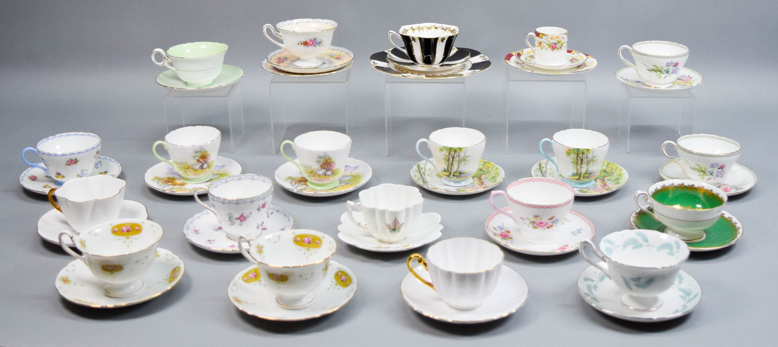 43 Pieces Shelley & Foley Bone China: 43 pieces bone china. 41 pieces Shelley English bone china, with various motifs and patterns, including floral, scenic, Wild Flowers pattern, Charm pattern, Serenity pattern, 2 English Lakes pattern,