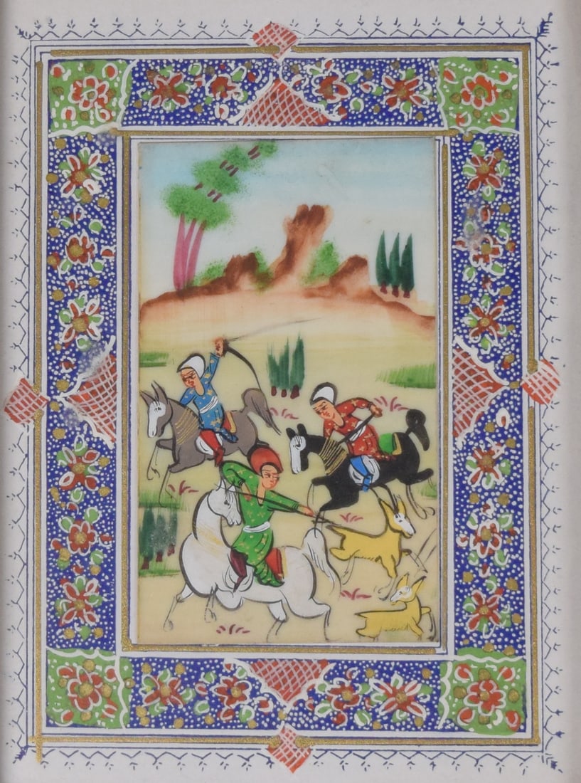 Persian Hunt Scene Painting on Bone: Persian hunt scene painting on bone. In an inlaid frame. Sight size 6 1/2" x 4 3/4" (with frame 9 7/8" x 8"). Chips and peeling to frame.
