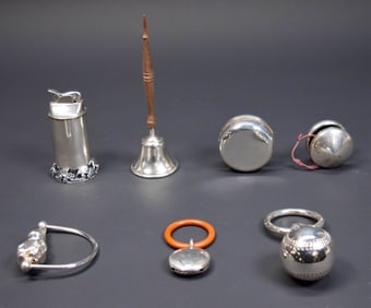 7 Pieces Sterling & Silverplate Rattles, Yo-Yos