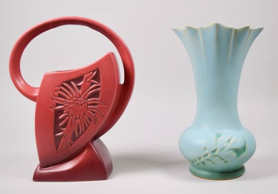 2 Pieces Roseville Pottery Silhouette Basket, Vase