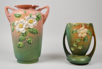 2 Roseville Pottery Vases White Rose Pattern