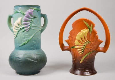 2 Pieces Roseville Pottery Freesia Pattern