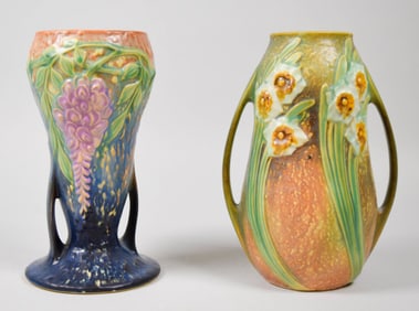 2 Roseville Pottery Vases Wisteria & Jonquil