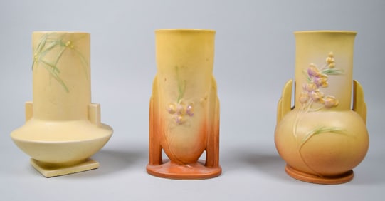 3 Roseville Pottery Vases Dawn & Ixia