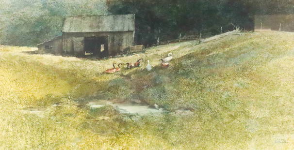 John Jensen Watercolor The Scroungers: John Jensen (American, 20th century). Watercolor, geese in landscape, The Scroungers. Signed in ink lower right, titled and with Far Gallery, New York label with info and artist's label on verso. 12