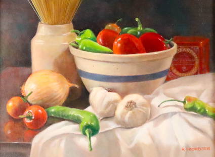 Robert Trondsen Oil on Canvas Still Life: Robert Trondsen (20th century). Oil on canvas, still life with vegetables. Signed lower right. 11 1/2" x 15 1/2" (with frame 21" x 25"). Provenance: The Estate of Ron Travisano, advertising executive