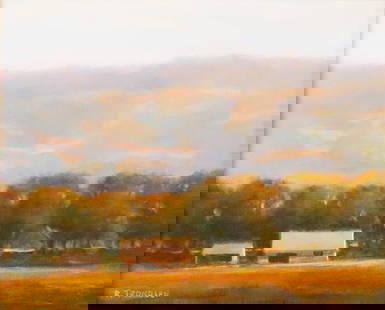 Robert Trondsen Oil on Canvas Country Morning: Robert Trondsen (20th century). Oil on canvas, house in landscape, A Country Morning. Signed lower left. 7 1/2" x 9 1/2" (with frame 14 1/4" x 16 1/4"). Minor losses to frame. Provenance: The Estate