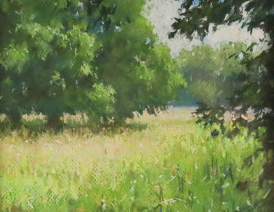 Paula Kolojeski Pastel Landscape: Paula Kolojeski (American, 20th century). Pastel, landscape. Signed lower right and with artist's label on verso. 7 3/8" x 9 3/8" (with frame 11 1/8" x 13 1/8"). Provenance: The Estate of Ron