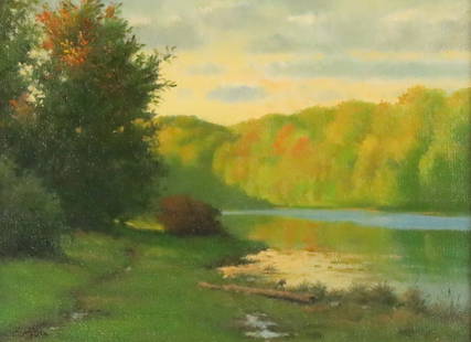 Gilbert Riou Oil on Canvas Panel Landscape: Gilbert Riou (American, 1950-2010). Oil on canvas panel, landscape. Signed lower left. 8 3/4" x 11 5/8" (with frame 12 1/2" x 15 3/8"). Provenance: The Estate of Ron Travisano, advertising executive