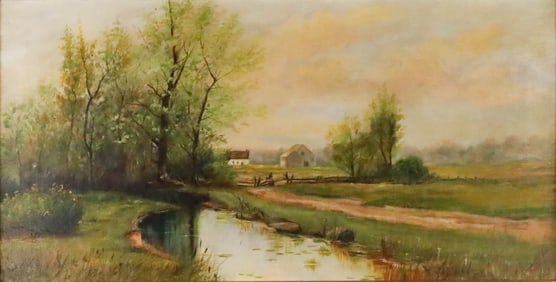 Signed Dougherty Oil on Canvas Houses in Landscape