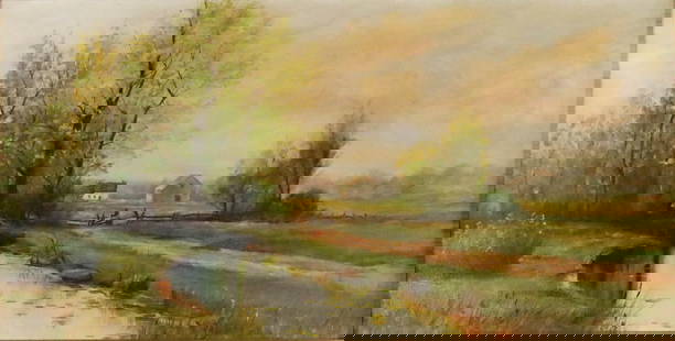 Signed Dougherty Oil on Canvas Houses in Landscape: Oil on canvas, houses in landscape. Signed lower left Dougherty. 13 1/4" x 26 1/2" (with frame 18 1/4'" x 31 1/2"). Losses to frame. Provenance: The Estate of Ron Travisano, advertising executive